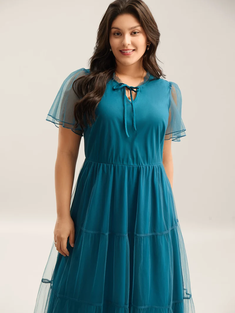 Stretchy Waist Neck Tie Sheer Midi Dress