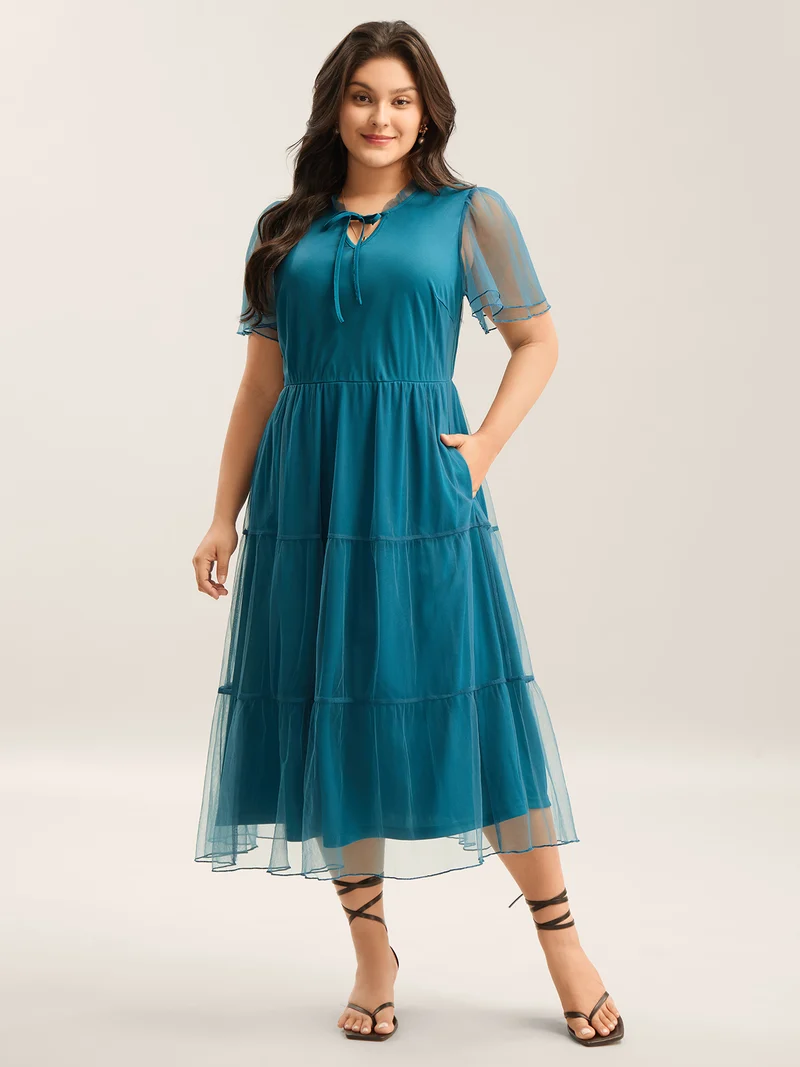 Stretchy Waist Neck Tie Sheer Midi Dress