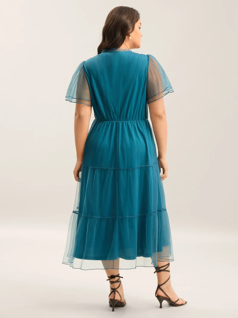 Stretchy Waist Neck Tie Sheer Midi Dress