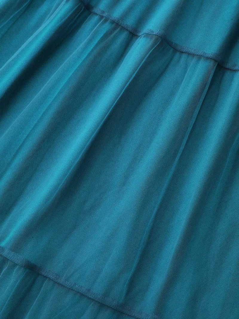 Stretchy Waist Neck Tie Sheer Midi Dress