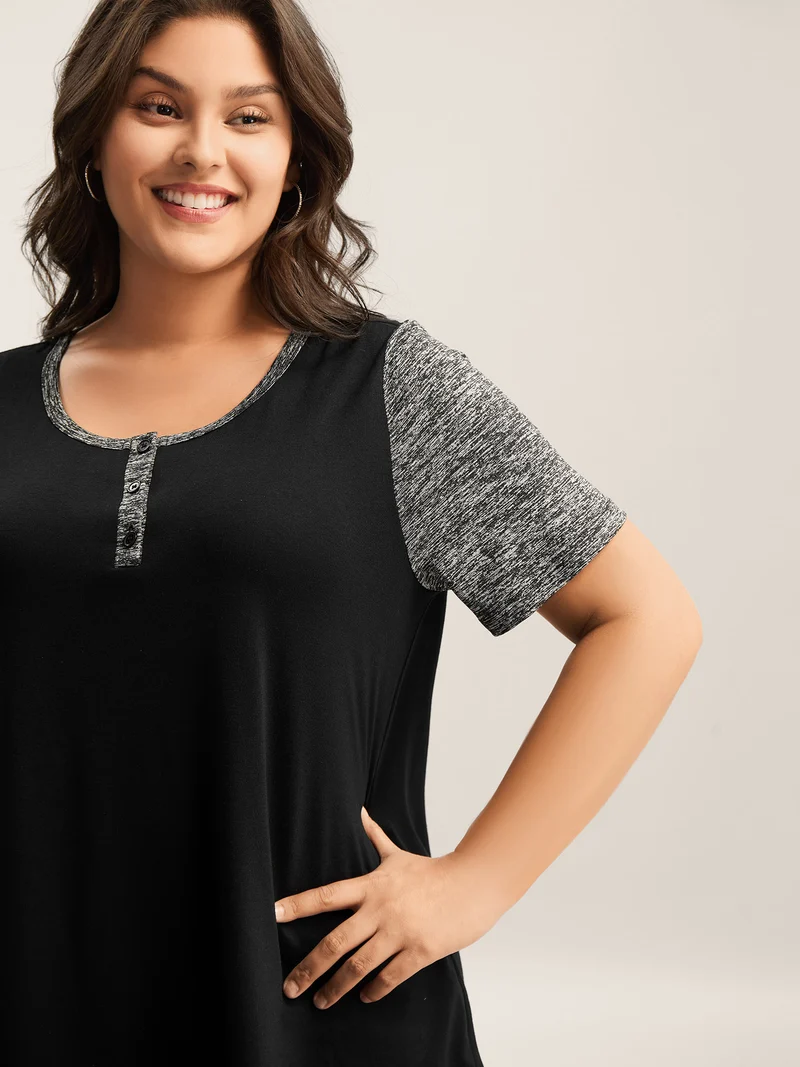 Color Contrast Button Detail T-Shirt