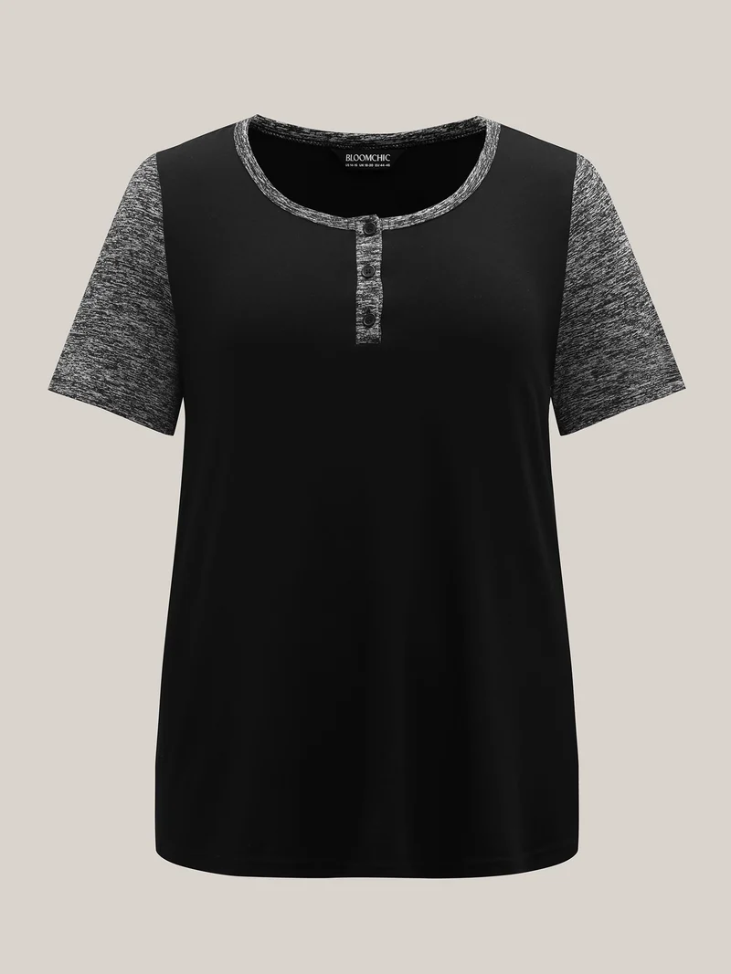 Color Contrast Button Detail T-Shirt