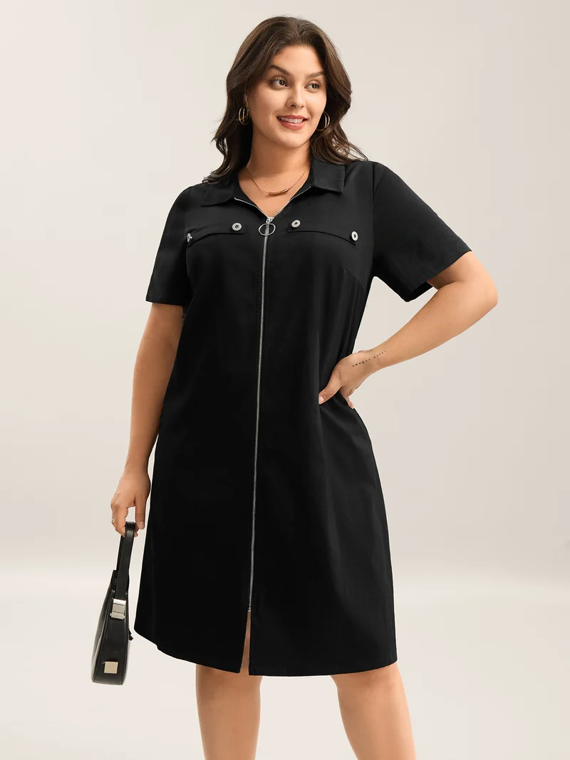 Zipper Front Chest Flaps Shirt Dress