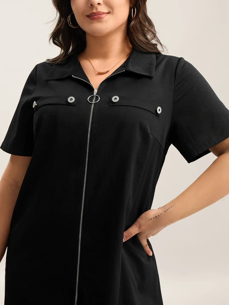 Zipper Front Chest Flaps Shirt Dress
