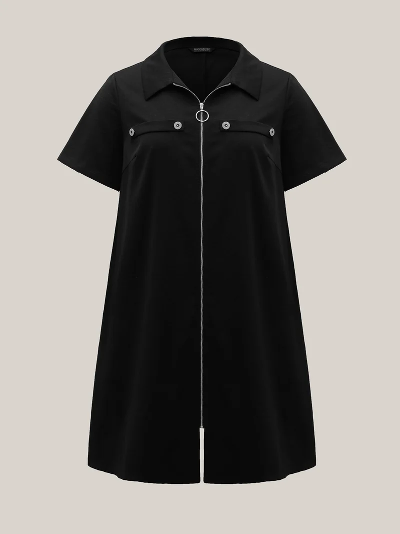 Zipper Front Chest Flaps Shirt Dress
