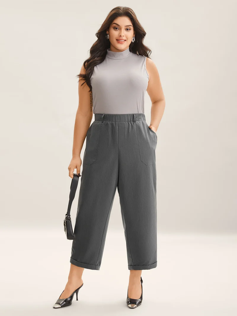 Mid Waist Rolled Hem Straight-Leg Solid Pants
