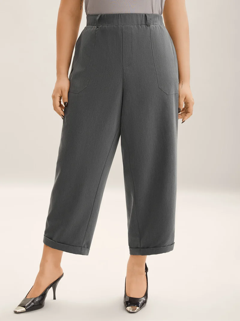Mid Waist Rolled Hem Straight-Leg Solid Pants