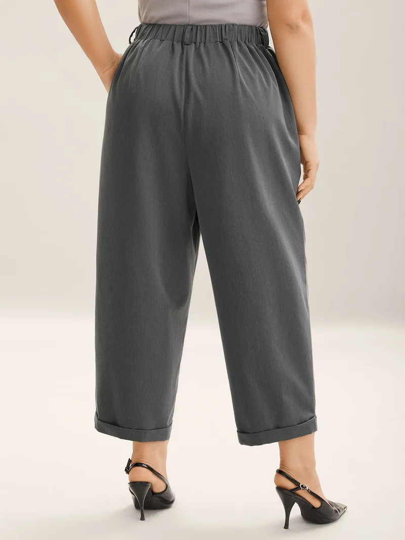 Mid Waist Rolled Hem Straight-Leg Solid Pants