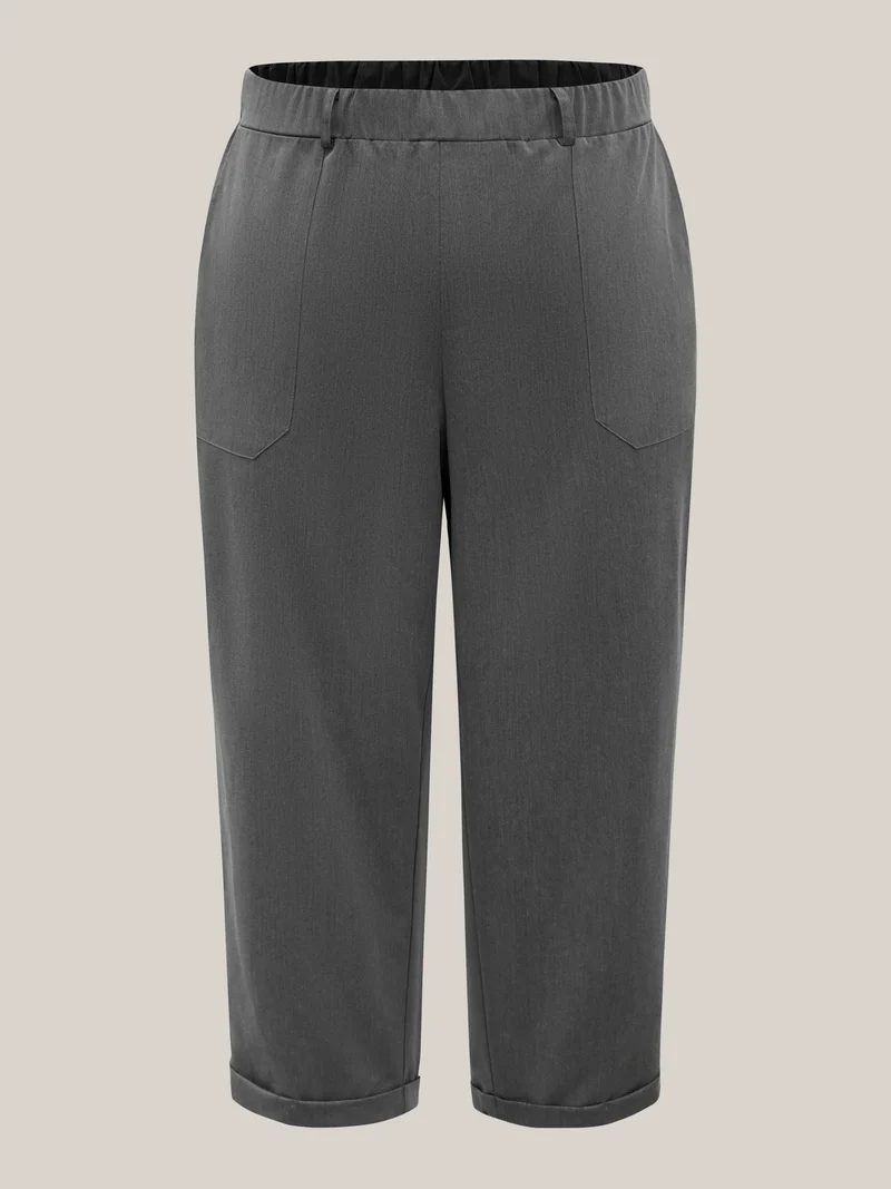 Mid Waist Rolled Hem Straight-Leg Solid Pants
