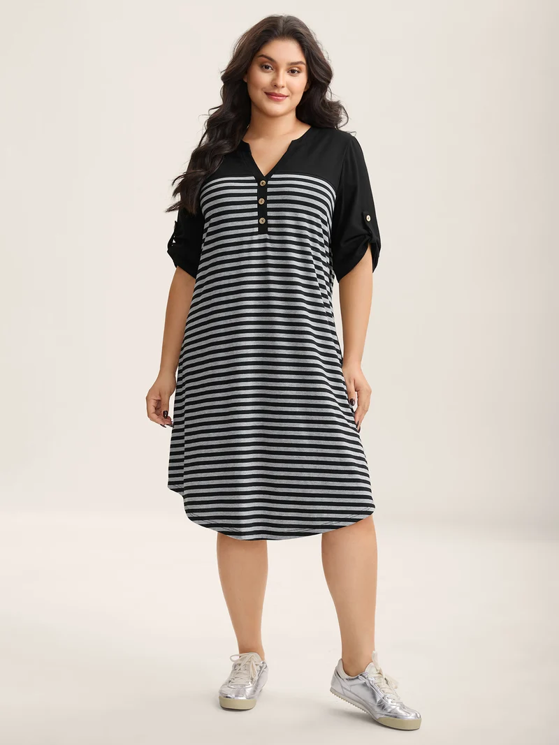 Stripes Button Tab Sleeve Midi Dress