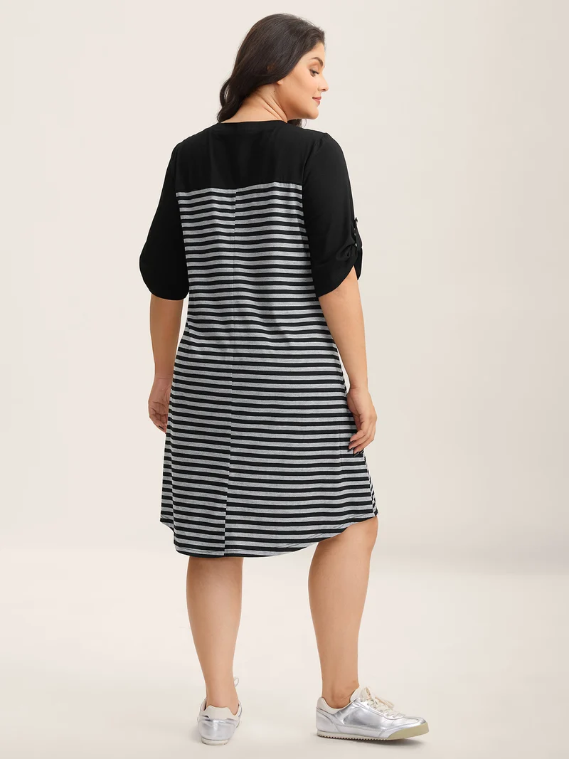 Stripes Button Tab Sleeve Midi Dress