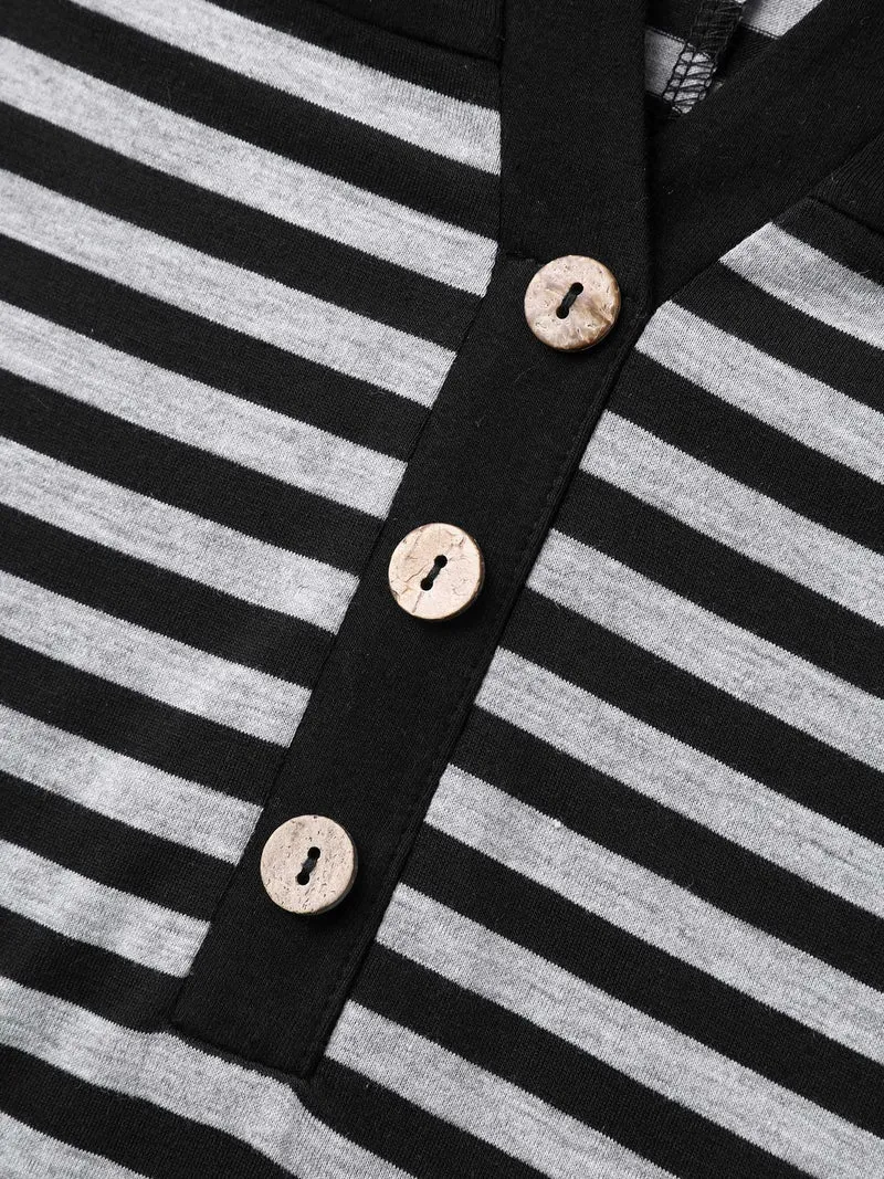 Stripes Button Tab Sleeve Midi Dress