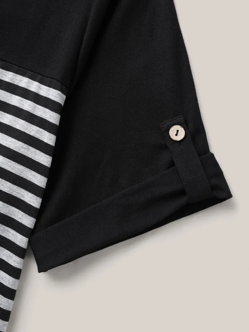 Stripes Button Tab Sleeve Midi Dress