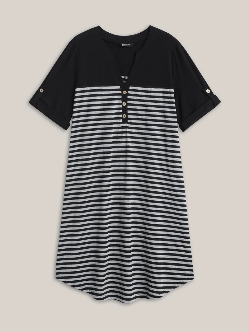Stripes Button Tab Sleeve Midi Dress