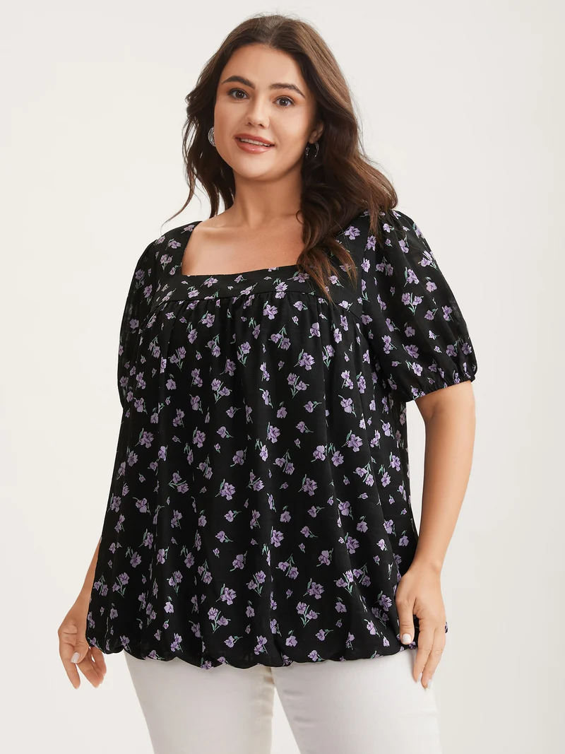 Floral Fiesta Pleated Square Neck Blouse
