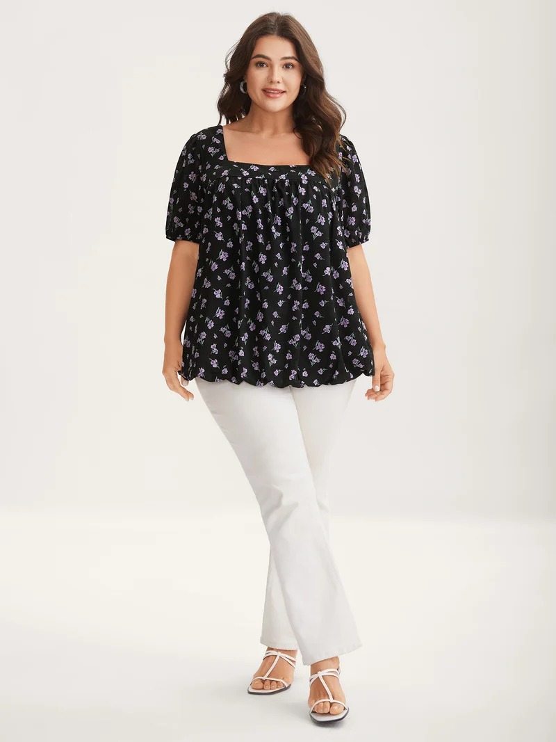 Floral Fiesta Pleated Square Neck Blouse