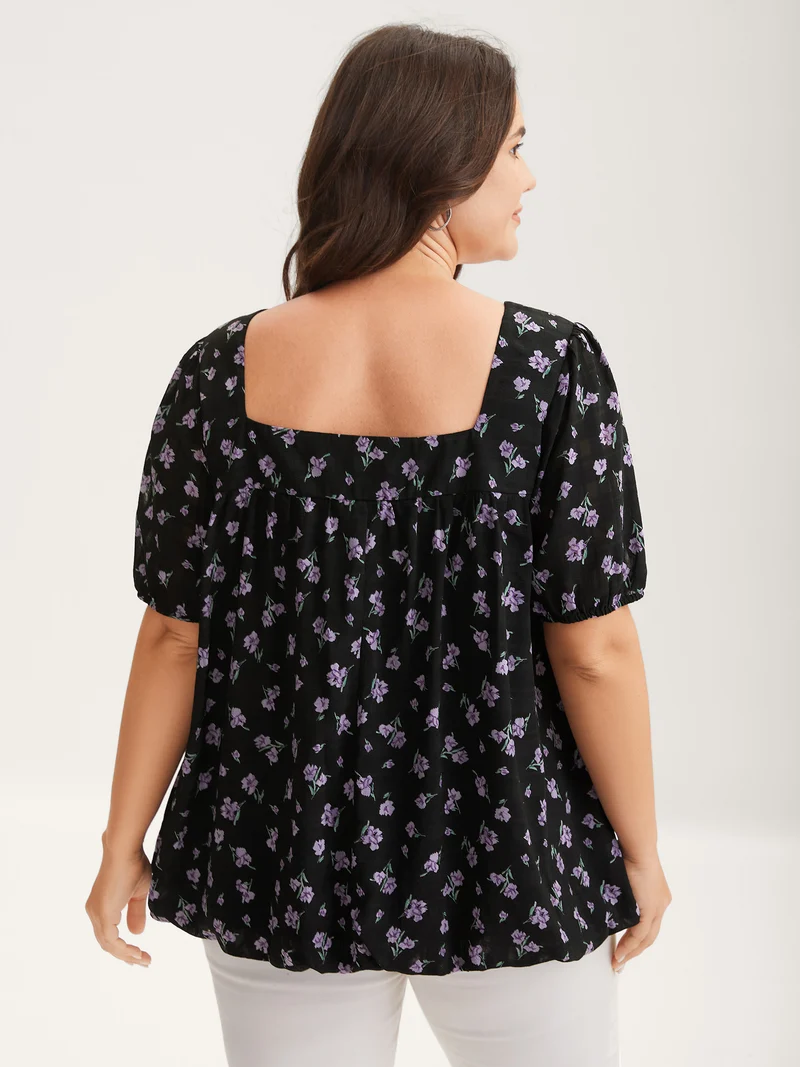 Floral Fiesta Pleated Square Neck Blouse
