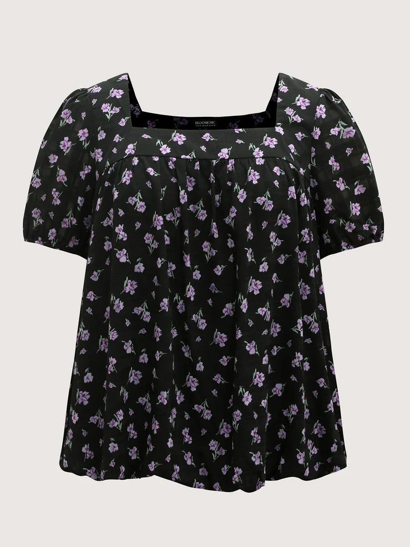 Floral Fiesta Pleated Square Neck Blouse