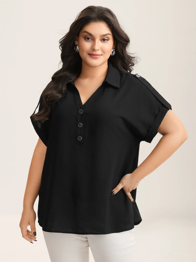 Button Placket Tab Sleeve Blouse