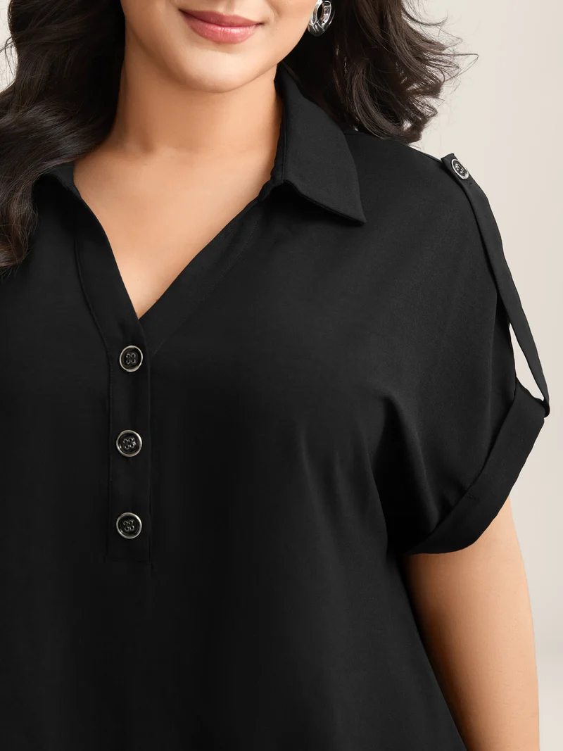 Button Placket Tab Sleeve Blouse