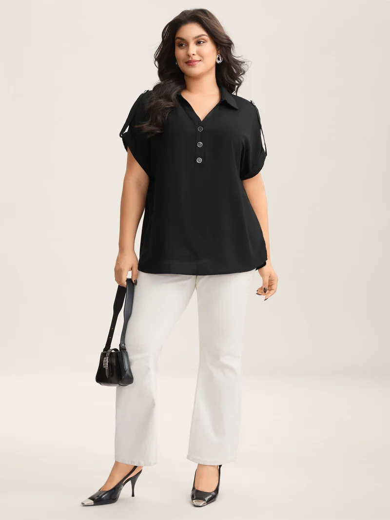 Button Placket Tab Sleeve Blouse