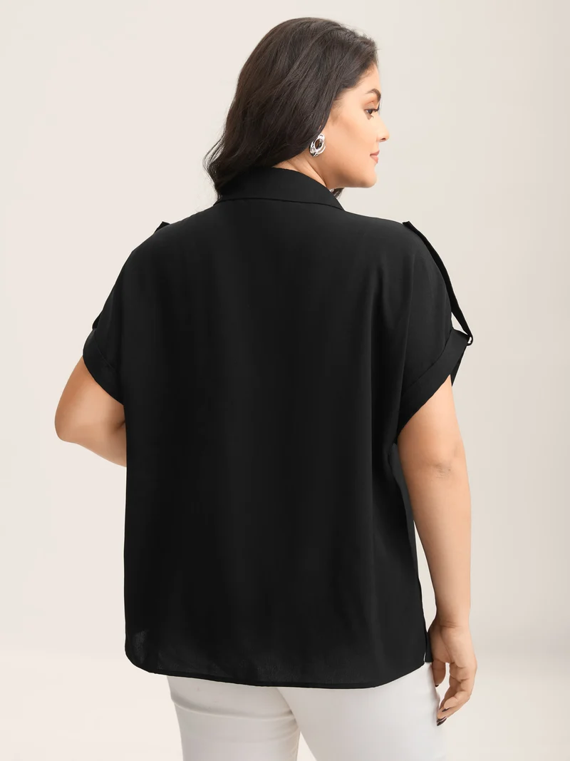 Button Placket Tab Sleeve Blouse