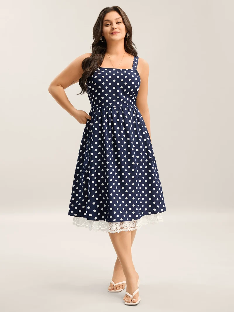 Polka Dots Print Adjustable Lace Midi Dress
