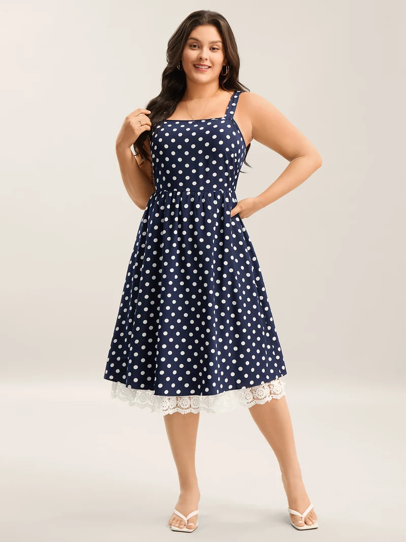 Polka Dots Print Adjustable Lace Midi Dress