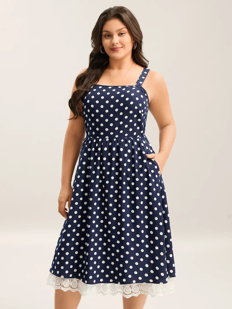 Polka Dots Print Adjustable Lace Midi Dress