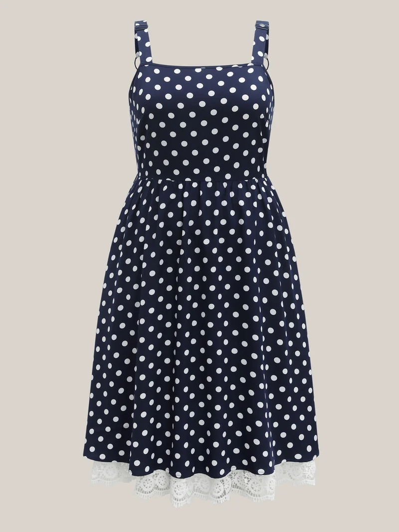 Polka Dots Print Adjustable Lace Midi Dress