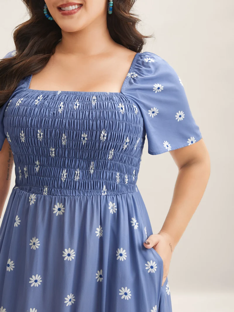 Rayon Floral Shirred Midi Dress