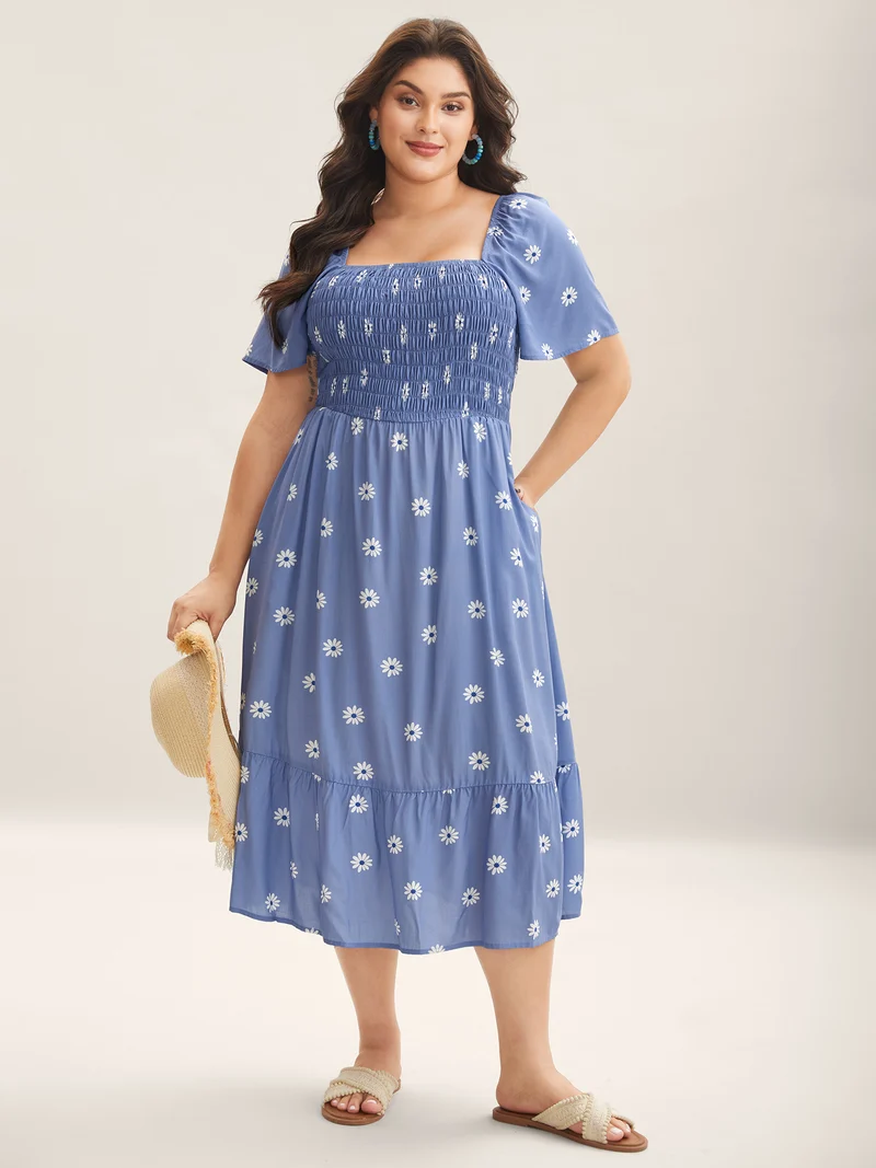 Rayon Floral Shirred Midi Dress