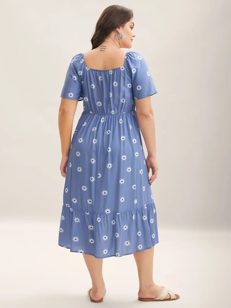 Rayon Floral Shirred Midi Dress