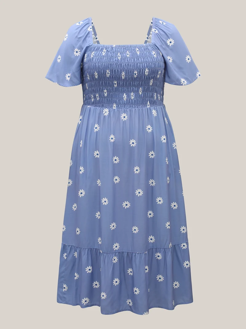 Rayon Floral Shirred Midi Dress