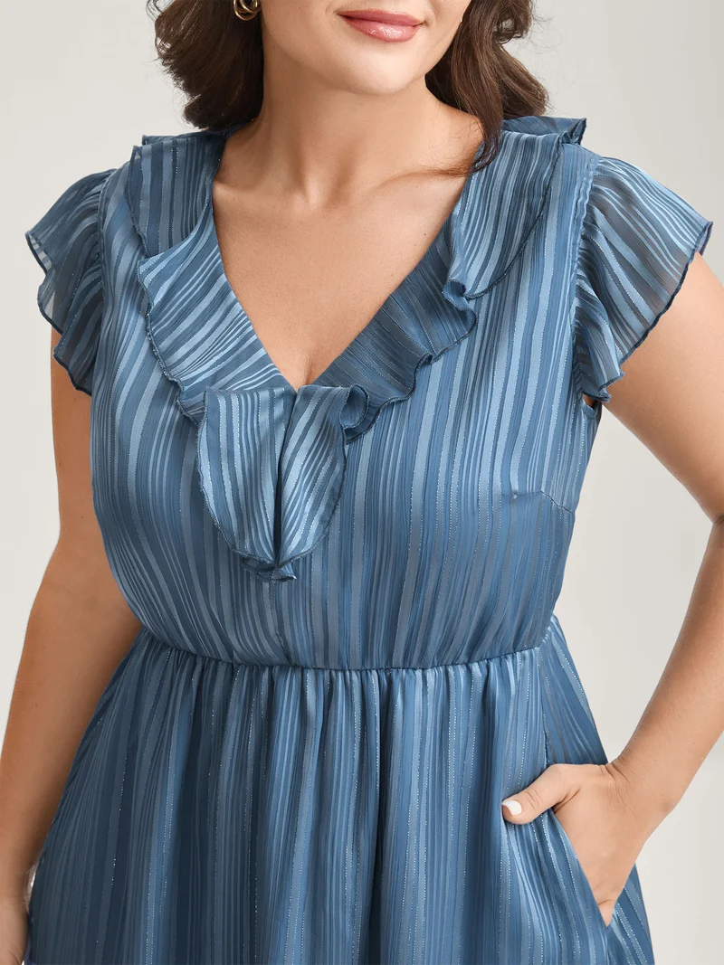 Textured Stripe Ruffled Neck Midi Dress