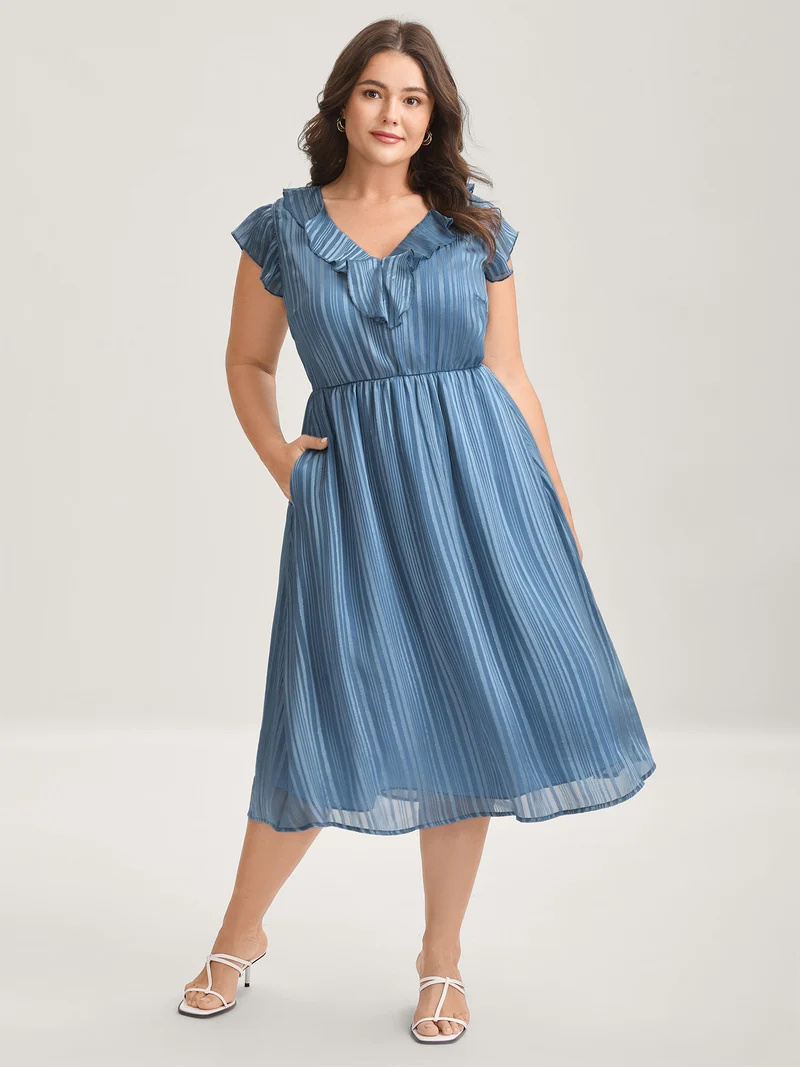 Textured Stripe Ruffled Neck Midi Dress