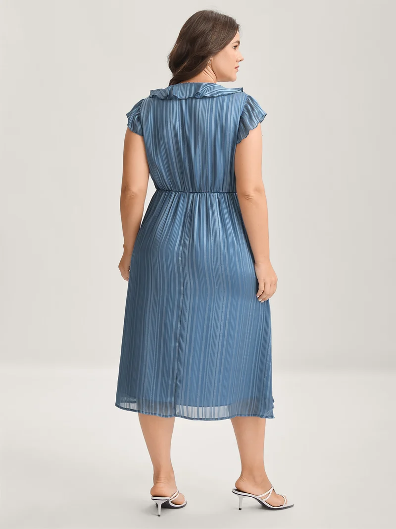 Textured Stripe Ruffled Neck Midi Dress