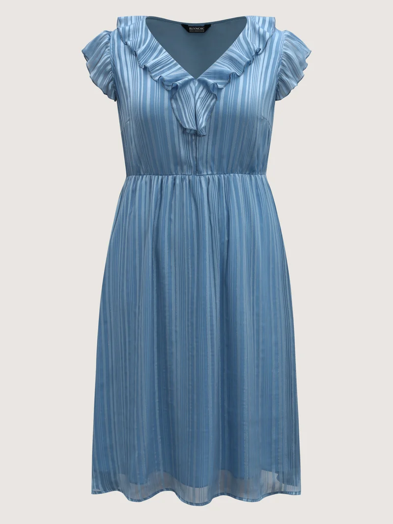 Textured Stripe Ruffled Neck Midi Dress