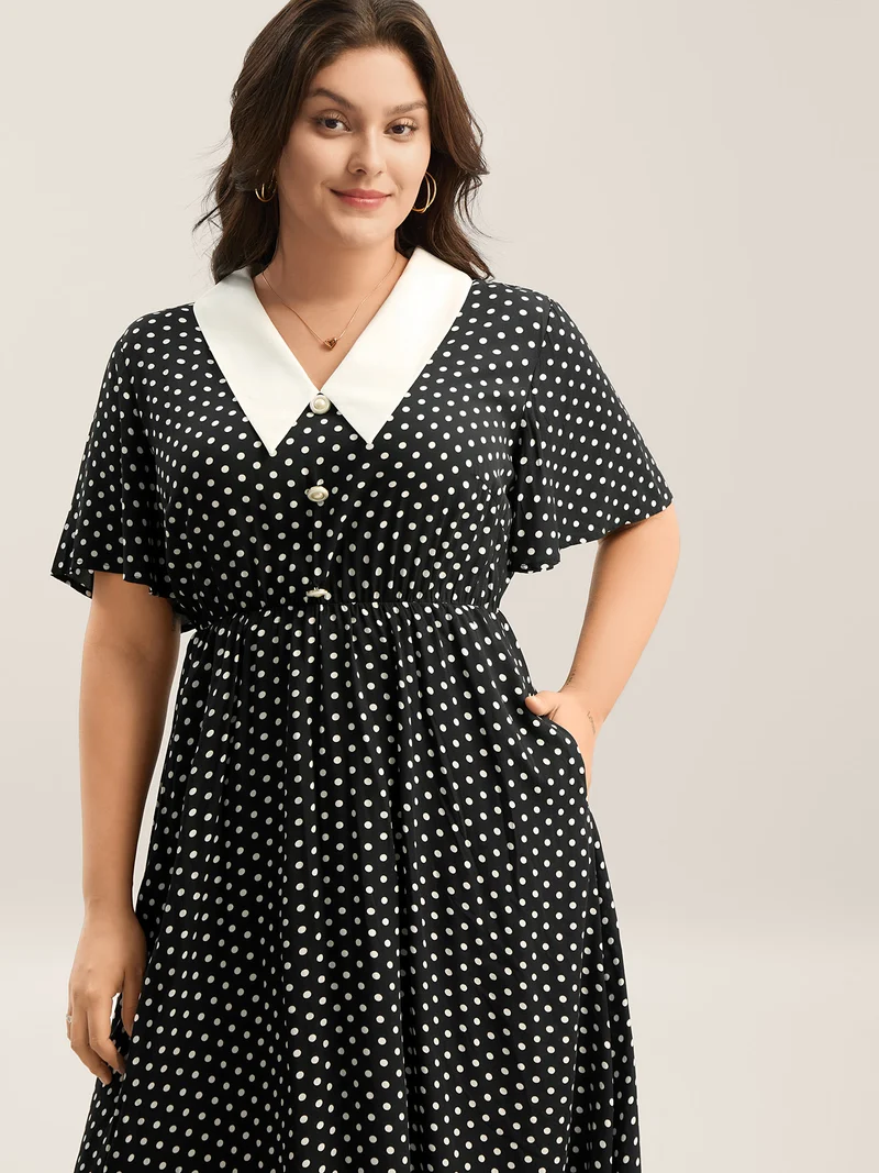Rayon Pretty Polka Dots Lapel Collar Dress