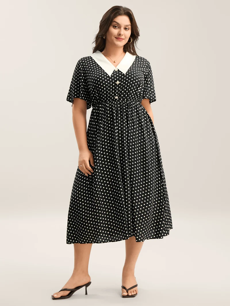 Rayon Pretty Polka Dots Lapel Collar Dress