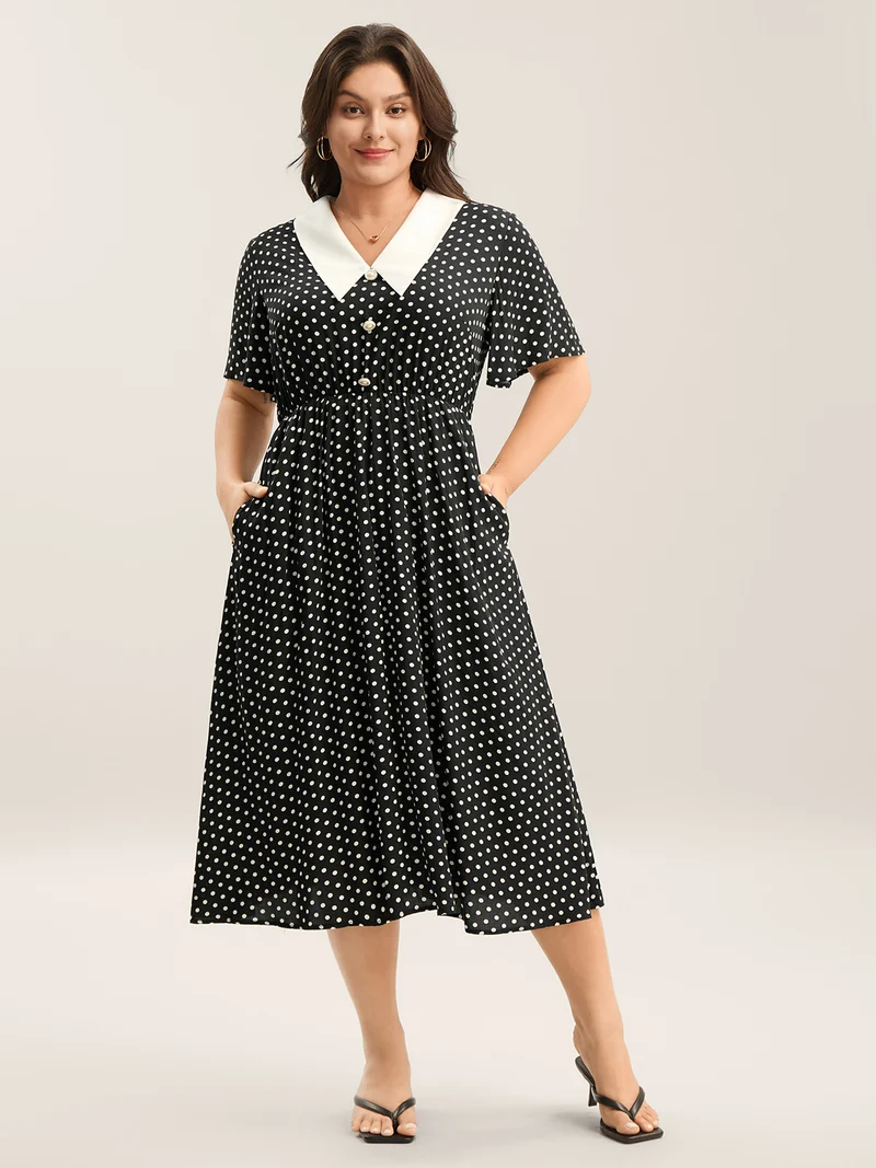 Rayon Pretty Polka Dots Lapel Collar Dress
