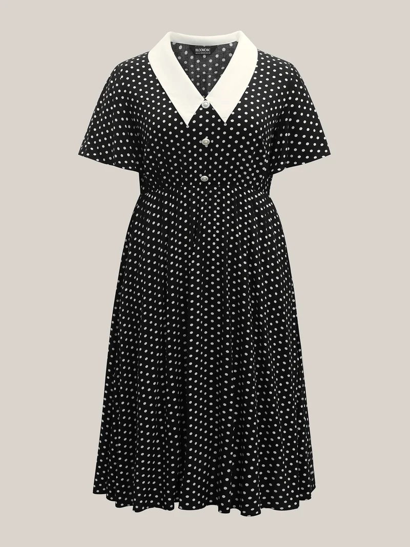 Rayon Pretty Polka Dots Lapel Collar Dress