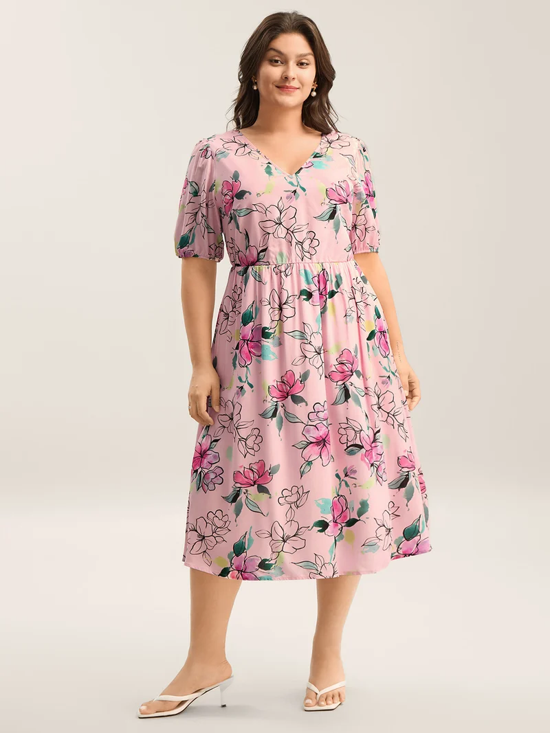 Blushing Petals Pockets Cinched-Waist Midi Dress