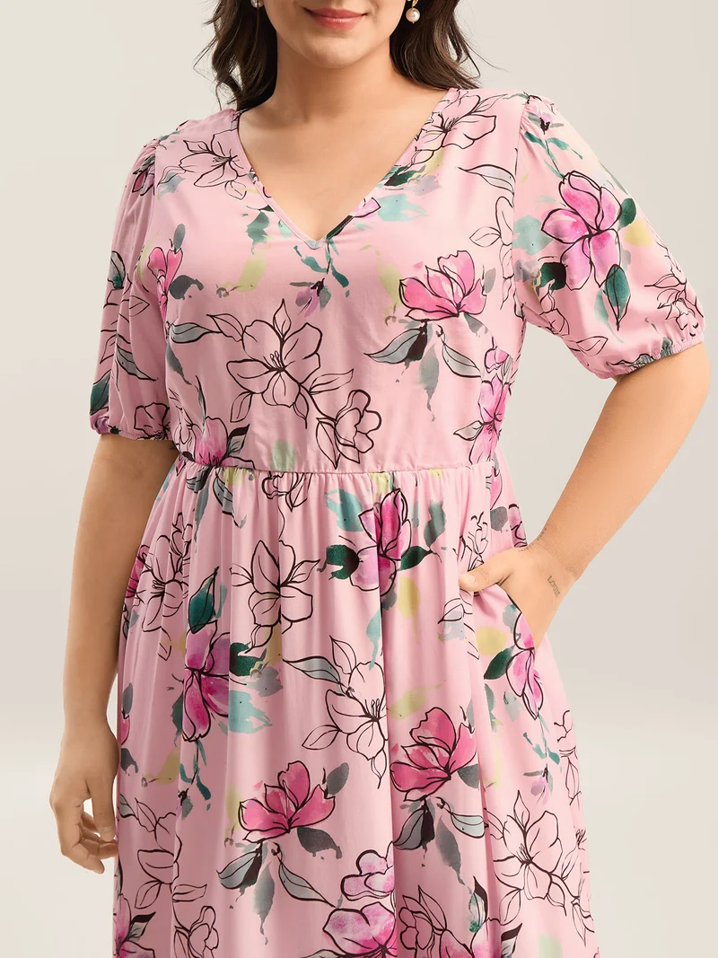 Blushing Petals Pockets Cinched-Waist Midi Dress