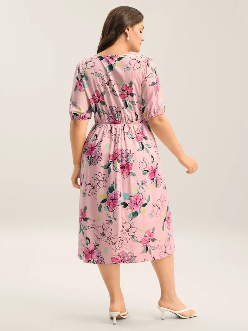 Blushing Petals Pockets Cinched-Waist Midi Dress