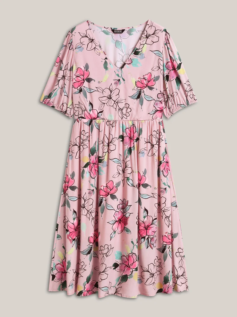 Blushing Petals Pockets Cinched-Waist Midi Dress