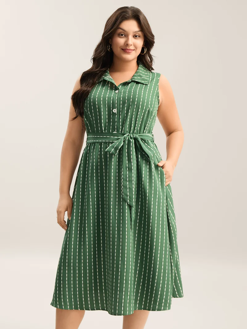Breezy Stripes Belted Pockets Midi Dress