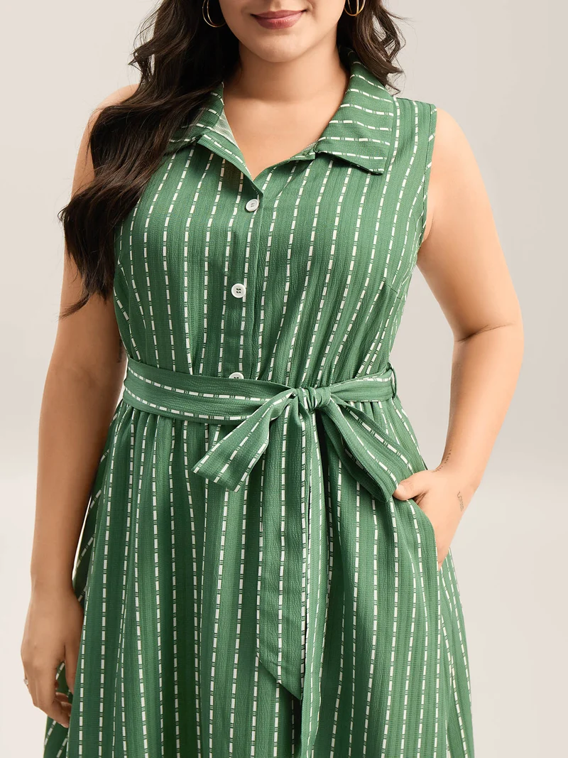 Breezy Stripes Belted Pockets Midi Dress