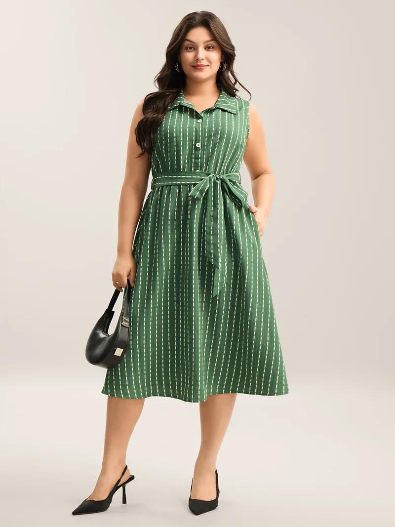 Breezy Stripes Belted Pockets Midi Dress