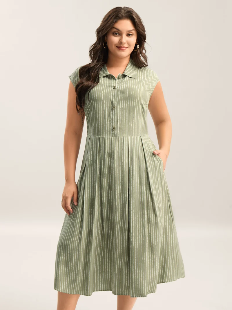 Stripe Print Button Detail Collar Midi Dress